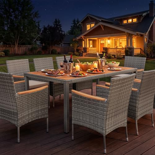 Devoko 9 PCS Acacia Wood Patio Dining Set, Gray Rattan - Image 5