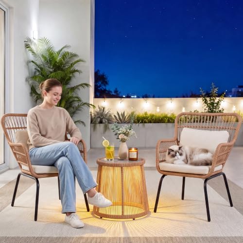 3 Piece Outdoor Wicker Furniture Bistro Set, Rattan Chairs Conversation Sets with Solar Light, Wicker Patio Furniture for Balcony Poolside Backyard, Beige by HOMEZILLIONS