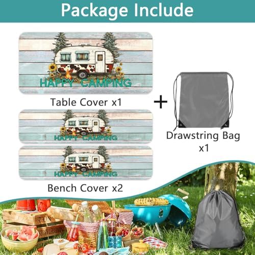 Flowers Picnic Table Cover with Bench Covers and Bag, Camping Essentials, Green Camper Wooden Grain Waterproof, Fitted Tablecloth Cover with Elastic Edge, Outdoor Table Covers, 3 PCS, 30x96 Inch - Image 6