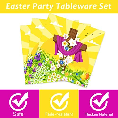 Wiooffen 96 Pcs Easter Tableware Set He is Risen Plates Happy Easter Party Plates Easter Religious Plates and Napkins Paper Plates Napkins Forks for 24 Guests - Image 4