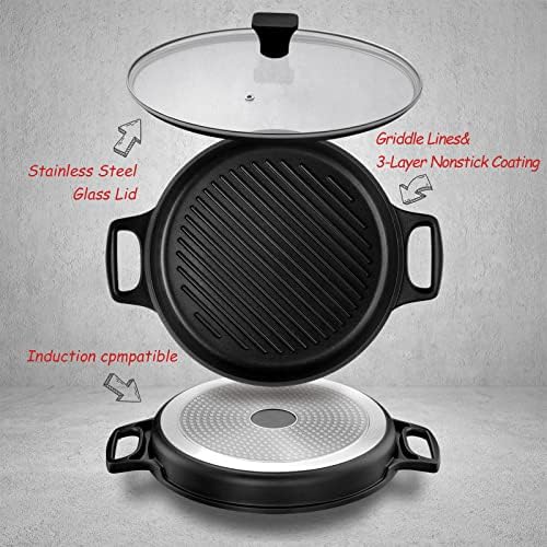 S·KITCHN Cast Aluminum Griddle Pan for Stovetop with Lid - Lighter than Cast Iron Skillet,Round Frying Pans Nonstick Grill Pan Dishwasher & Oven Safe,12IN - Image 2