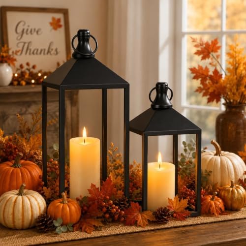 2 Pcs Black Decorative Metal Lanterns Farmhouse Lantern Decor with Candles - Image 3