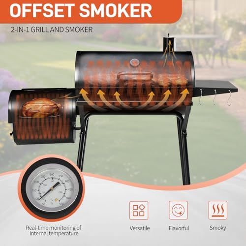 Outvita Charcoal Grill with Offset Smoker, Barrel Barbecue Smoker, Black - Image 7
