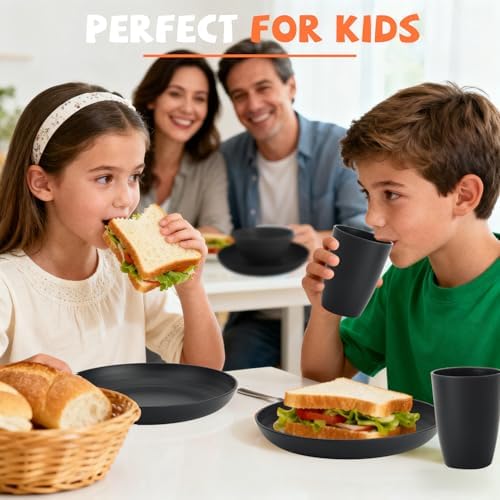 Wheat Straw Dinnerware Sets, Unbreakable Kids Plates and Bowls Sets 20-Piece Service for 4, Alternative Plastic Outdoor Camping Dishes, Microwave & Dishwasher Safe - Black - Image 4