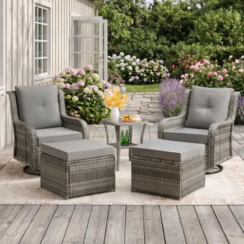 Wumiokio Patio Furniture Sets, Wicker Outdoor Furniture - 360 Degree Swivel Rocking Chairs and Rattan Side Table for Garden,Porch,Backyard (Grey Wicker/Grey Cushion, 5PCS - Swivel Chairs & Ottoman) by Wumiokio