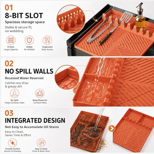 Silicone Grill Mat for Blackstone Griddle, 16x11.5 Extra-Thick Non-Slip Spatula Holder Mat with Grease Drip Pad, Heat Resistant BBQ Utensil Organizer for Side Shelf, Ideal Gifts for Men (Orange) - Image 4