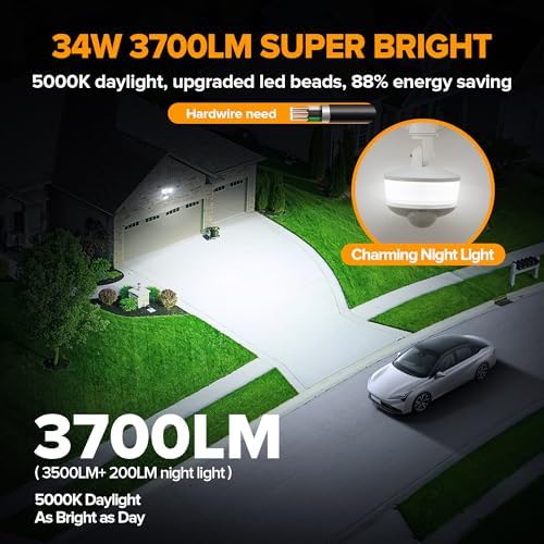LUTEC 34W 3700 Lumen LED Security Light Motion Sensor Outdoor Lights with Night Light, 5000K Daylight, IP65 Waterproof, Dusk to Dawn, Hardwired Motion Detector Flood Light for Garage, Yard-White - Image 2