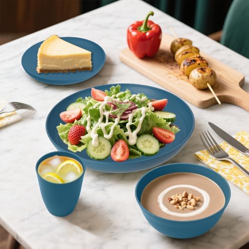 Wheat Straw Dinnerware Sets, 32 PCS Dishes Set for 8, Unbreakable Lightweight Reusable Plates and Bowls Sets for Kitchen Outdoors RV Camping Patio, Dishwasher & Microwave Safe - Blue - Image 3