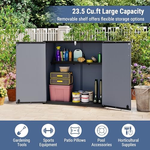 Tangkula 23.5 Cu.ft Outdoor Storage Shed, All-Weather Resin Patio Storage Box with Floor, Lockable Door & Removable Shelf, Waterproof Deck Box for Garden Tools - Image 3