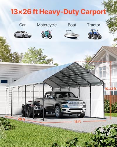 VEVOR Heavy Duty Metal Carport, 13' x 26' Outdoor Carport with Galvanized Steel Frame & Roof, Car Tent Garage Shade with Removable Sidewalls, Multi-Use Car Shelter for Pickup, Boat, Car & Tractors - Image 2
