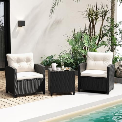 Tangkula 3 Piece Patio Furniture Set, Rattan Conversation Set w/Soft Seat & Back Cushions, Tempered Glass Topped Coffee Table, Cushioned Wicker Seating Set for Backyard, Porch, Poolside (Off White) - Image 3