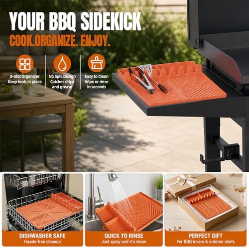 Silicone Grill Mat for Blackstone Griddle, 16x11.5 Extra-Thick Non-Slip Spatula Holder Mat with Grease Drip Pad, Heat Resistant BBQ Utensil Organizer for Side Shelf, Ideal Gifts for Men (Orange) - Image 5