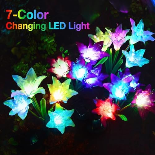 KOOPER Outdoor Solar Lights, 10 Pack Solar Garden Light with Bigger Lily Flowers, Waterproof 7 Color Changing Solar Lights Outdoor - Bigger Panel for Patio Yard Garden Decoration, Gift for Mom - Image 2