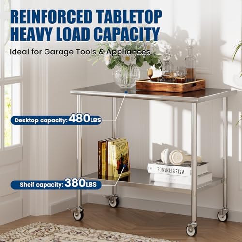 Stainless Steel Work Table with Wheels, 24x48 Inch NSF Kitchen Prep Table with Adjustable Undershelf for Commercial Restaurant, Garage, Outdoor BBQ - Image 2