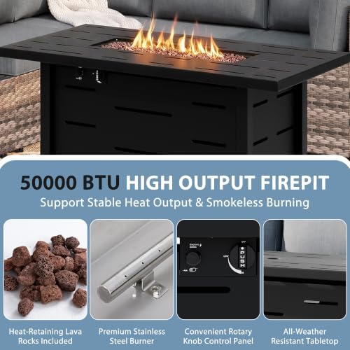 Shintenchi 6 Piece Outdoor Patio Furniture Set with 43 Inch Propane Fire Pit, Washable Cushions, Glass Coffee Table, Waterproof Cover & CSA Certified for Backyard Poolside, Brown PE Rattan/Gray - Image 5