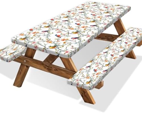 Bird Branch Picnic Table Cover with Bench Covers and Bag, Camping Essentials, Spring Summer Floral Waterproof Windproof, Fitted Tablecloth Cover with Elastic Edge for Outdoor Garden 3 PCS 30x96 Inch by Xguatan