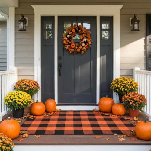 SEEKSEE Halloween Decor Buffalo Plaid Outdoor Rug 3' x 5' Orange and Black Front Door Mat, Layering Rug for Porch, Halloween Doormat, Front Porch Rug for Outdoor Entrance Entryway Patio Porch Decor by SEEKSEE