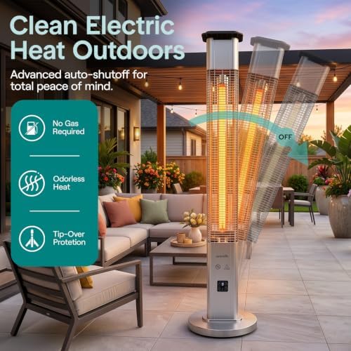 SereneLife Outdoor Electric Patio Heater - 1500W High-Efficiency Infrared Heating, Remote Control Standing Heater with Aluminum Reflector, Waterproof Design, IP65 Approved, Quiet Operation - Image 5