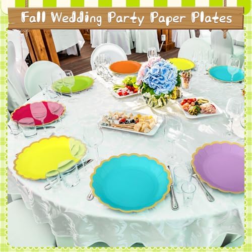 96 Pcs Sage Paper Plates 9 Inch Scalloped Neon Colorful - Image 2