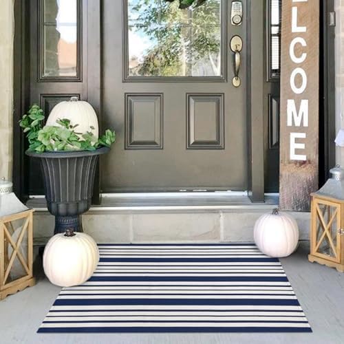 IOHOUZE 2x3 Striped Outdoor Door Mat, Washable Porch Rug, Navy White by iOhouze