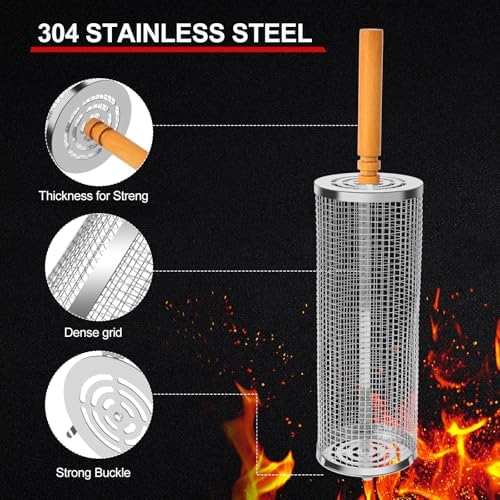 2PCS Nesting Grill Baskets with Removable Wooden Handles(11.8" x 3.9"), 304 Stainless Steel Rolling Barbecue Grill Mesh for Vegetables and Shrimp, BBQ Accessory Gifts for Men, BBQ Net Tube - Image 4