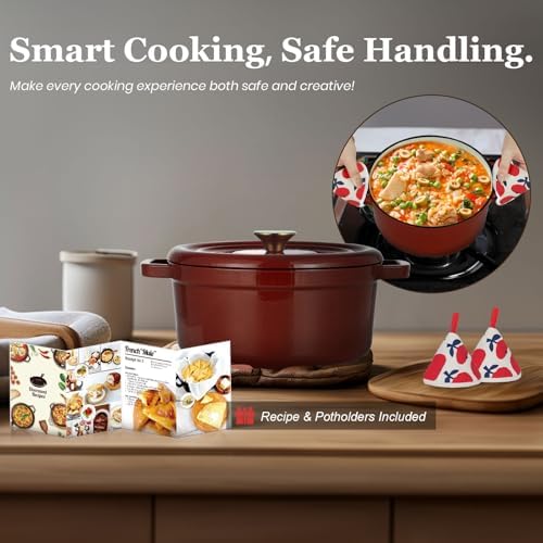 Overmont Enameled Cast Iron Dutch Oven - 5QT Pot with Lid Recipe Potholders - Image 5