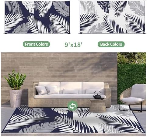 GENIMO Outdoor Rug, Waterproof Plastic Rugs 9'x18' for Camping Blue White - Image 2