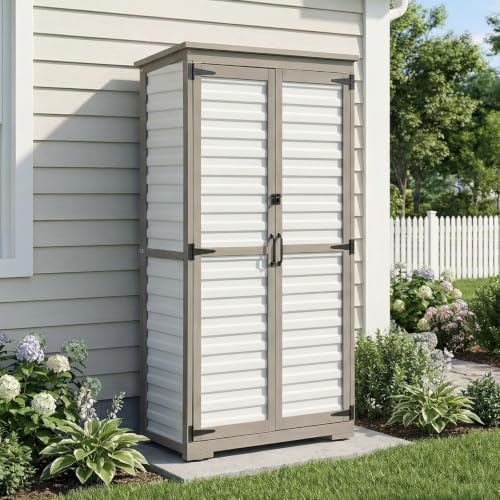 Outdoor Storage Cabinet, Wood & Plastic Garden Shed with Adjustable Shelves by PETSCOSSET