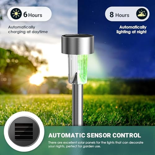 GIGALUMI Solar Garden Lights Outdoor, 12 Pack 6-Color, IP65 Waterproof Decorative Pathway Lights, Stainless Steel LED Landscape Lighting for Yard, Lawn, Walkway - Image 3