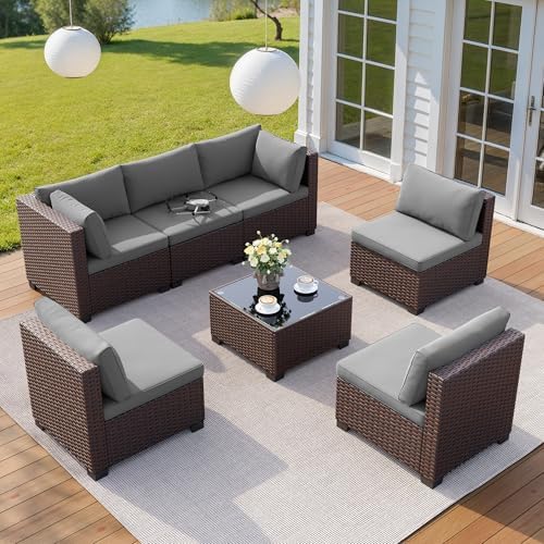 Qsun 7 Pieces Outdoor Patio Furniture Set, PE Rattan Outdoor Wicker Sectional Furniture Sofa Set, with Cushions and Glass Coffee Table, for Balcony, Porch, Garden, Grey - Image 6