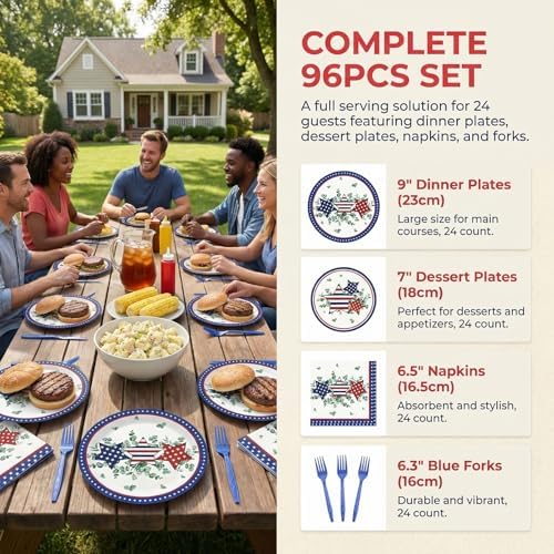 96Pcs Eucalyptus Leaves Patriotic Party Paper Plates and Napkins 4th of July Supplies Sage Green Red White Blue Star Disposable Tableware for 24 Guests American Independence Day Memorial Decorations - Image 2