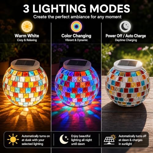 Aukora Solar Table Lights Outdoor,Color Changing Glass Mosaic Garden Light - Image 2