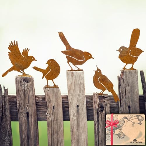 OULYDEKO 5PCS Rusty Birds Decoration,Outdoor Bird Wall Decor,Metal Birds Yard Decor, Metal Birds Craft Statue Ornaments - Garden Sculptures and Yard Art, Fence Decorations Outdoor,Rustic Garden Decor by OULYDEKO