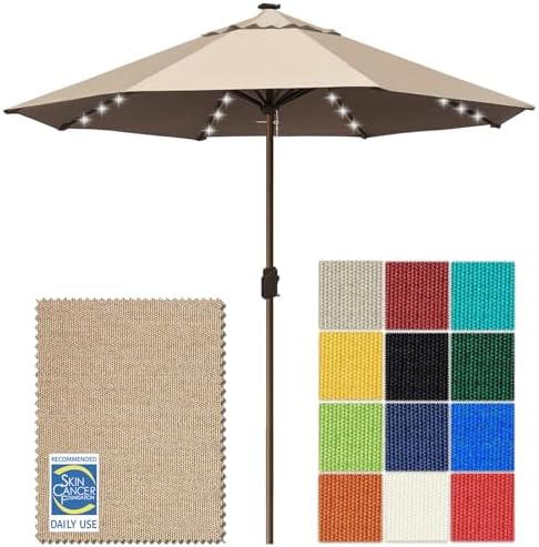EliteShade USA 10-Year-Non-Fading 10ft Market Patio Umbrella, Commercial Grade Table Sun Umbrella with 80 Solar LED Lights, Crank Open, Windproof & UPF 50+ UV Protection for Garden, Deck, Pool, Backyard, No Tilt, Heather Beige by EliteShade
