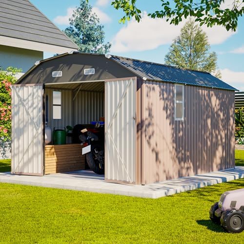 YOPTO 10x12 FT Outdoor Storage Shed,Heavy Duty Metal Shed W/Floor Frame & 2 Windows,Garden Shed W/ 4 Air Vents,Diamond-Shape Roof & Lockable Door,for Backyard,Patio,Lawn,Brown by YOPTO