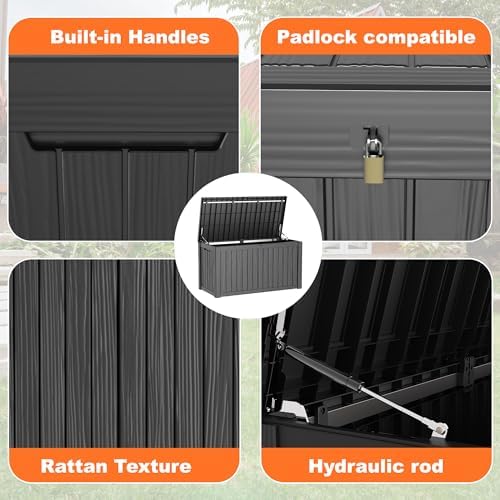180 Gallon Outdoor Deck Box, Lockable Waterproof Outdoor Storage Boxes For Garden Tools,Indoor Cushions,Accessories Outside Storage Resin Weatherproof Container(Black) - Image 3