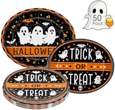 50 Pcs Halloween Paper Plates Set - Large Disposable Ghost Oval Dinner Dessert Plates, Cute Halloween Printed Paper Plates Tableware for Happy Halloween Party Decorations Supplies Table Decor by Litmitfu