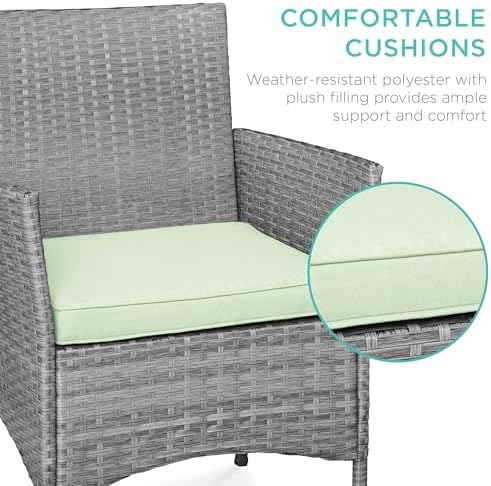 Best Choice Products 3-Piece Outdoor Wicker Conversation Bistro Set, Space Saving Patio Furniture for Garden w/Side Table - Gray/Light Mint - Image 4