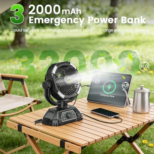 XAP Portable Misting Fan Rechargeable for Hot Weather - 9-inch Oscillating Camping Fan with USB Battery as Power Bank, 4 Mist Cooler, 7L Bucket for Outdoor/Camping/Patio/Golf (Black) - Image 2