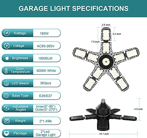 Nexillumi 2-Pack Led Garage Light 180W, 36000LM Garage Lights Ceiling LED with E26/E27 Medium Base, 6000K Deformable LED Shop Lights with 10+1 Adjustable Panels for Garage, Workshop, Attic, Basemen - Image 7