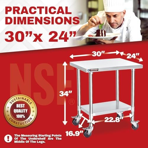 DuraSteel 30x24 NSF Stainless Steel Cart Work Table - Heavy Duty Rolling Food Prep Table - Metal Utility Cart on Wheels Caster, Grill Stand Microwave Outdoor Kitchen Tables Countertop Island Large Top - Image 2
