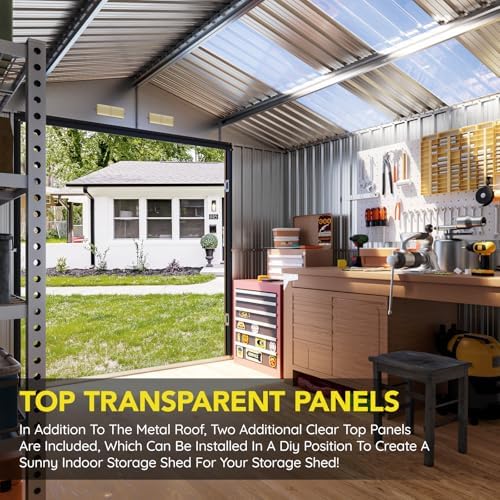Upgrade 10x12 FT Outdoor Metal Storage Shed with Floor Frame, Double Swing Doors, 2 Clear Windows, Replaceable Skylight Roof Panel, Tool Shed for Garden, Patio, Backyard Brown - Image 4