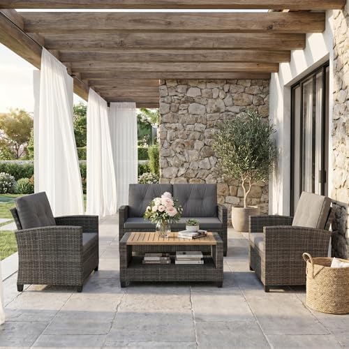 Wisteria Lane 4 Piece Patio Furniture Set, Wicker Outdoor Patio Conversation Furniture Set, All Weather Outdoor Patio Sofa with Cushion and Wood Table, Dark Gray by WisteriaLane