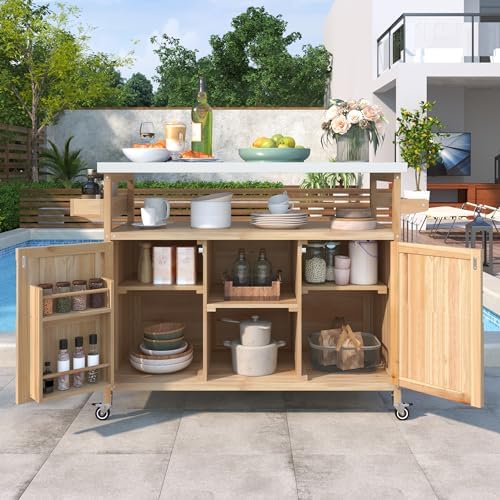 MEETFFAV 50.25" W Grill Cart with Stainless Steel Tabletop, Natural - Image 2