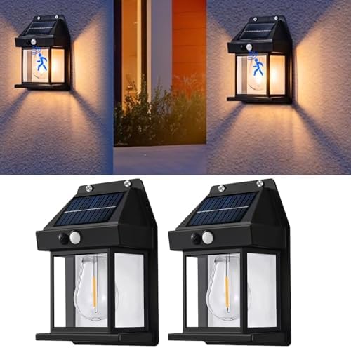 2 Pack Solar Porch Lights, Solar Wall Lights Outdoor Motion Sensor, Dusk to Dawn Solar Lights Waterproof 3 Modes for Patio Door Garage Fence Yard Garden (2, Black) by Unknown