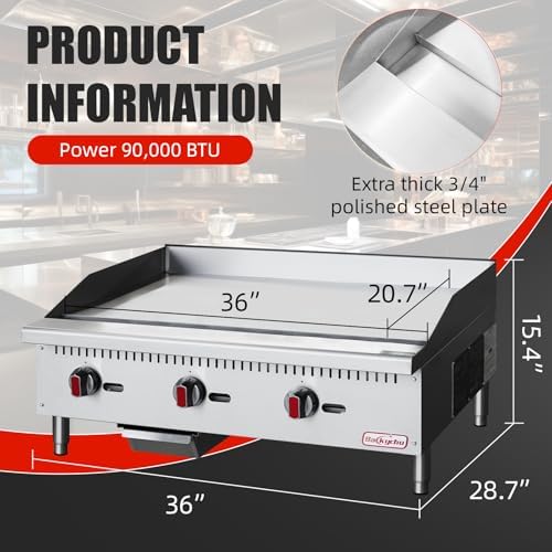 Commercial Gas Griddle - 36" Countertop Griddle. 90,000 BTU Flat Top Griddle, Natural Gas (NG) / Propane, CSA Certified Stainless Steel Teppanyaki Grill for Restaurants - Image 2
