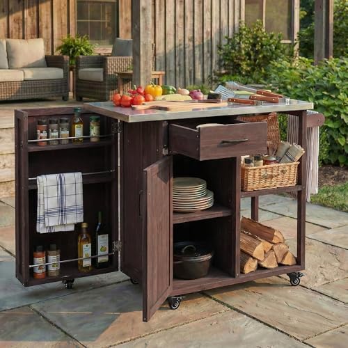Outdoor Kitchen Island Cart with Stainless Steel Top, Rolling Grill Table with Storage Cabinet Drawer Shelves & Towel Rack, Wooden BBQ Prep Station with Lockable Wheels for Patio Backyard, Dark Brown - Image 3