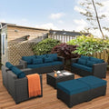 Rattaner Patio Furniture Set 7 Pieces Couch Outdoor Chairs Coffee Table Peacock Blue Anti-Slip Cushions and Waterproof Covers by Rattaner