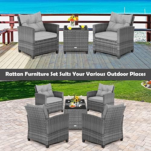 Tangkula 3 Pieces Patio Furniture Set, Outdoor PE Rattan Conversation Chair Set with Tempered Glass Side Table and Removable Cushions, PE Wicker Chairs and Table Set for Porch, Balcony and Garden - Image 5