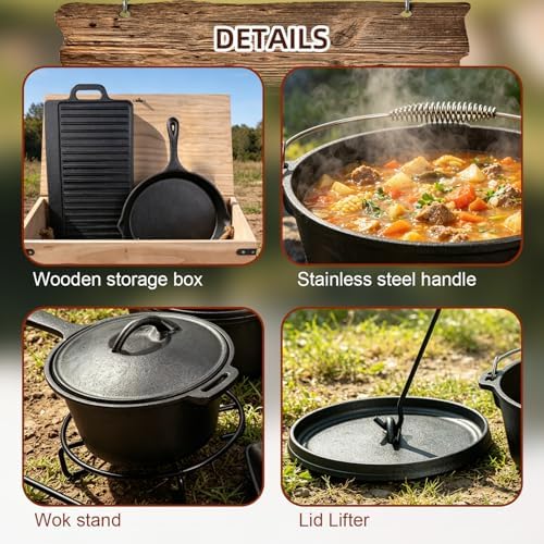 DVK 8 Piece Cast Iron Cookware Set with Vintage Wooden Storage Box, Pre-seasoned Skillets, Dutch Oven and Griddle Kit for Outdoor Camping, RV Trips and Home Kitchen Cooking - Image 5